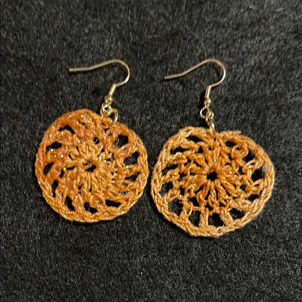 Gold Mandala Pattern Earrings with Intricate Design hand crocheted.